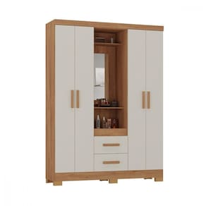Guarda Roupa Solteiro 4 Portas Com Espelho Capelinha Atualle Canelato Rustico Com Off White