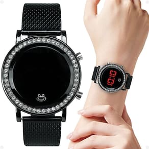 Relogio Feminino Preto Led Digital Aço Strass Ajustavel Redondo Social Presente Casual