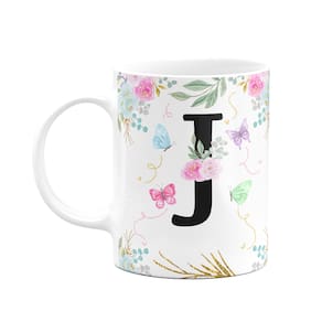 Caneca Floral - Inicial do nome letra J - 325ml