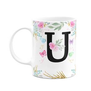 Caneca Floral - Inicial do nome letra U - 325ml