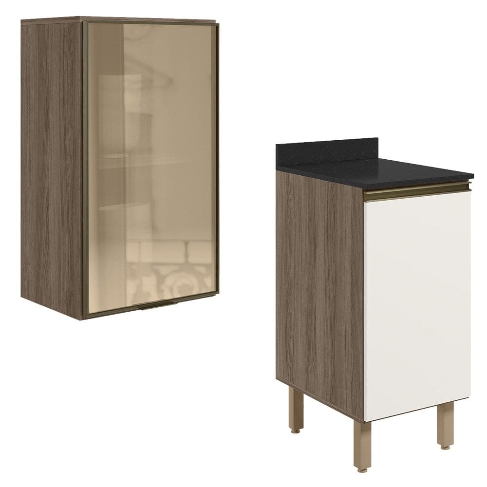 Armario Aereo Balcao 1P Vidro 40cm MDF Kali Carvalho Toq Off White Cetim Nicioli
