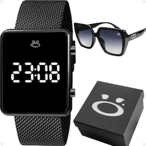 Relogio Feminino Digital Preto Aço Inox + Caixa + Oculos Sol