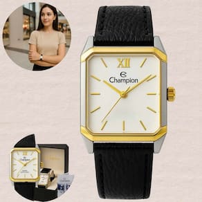 Relógio Champion Quadrado Feminino Elegante Analógico Resistente água 3ATM Social Fashion Prateado e Dourado Pulseira de Couro CH24106S