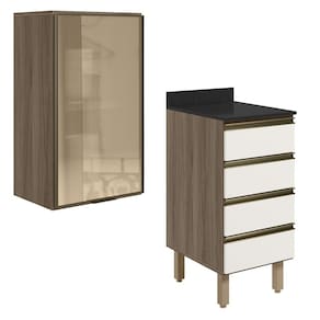Armario Aereo Vidro Balcao 4G 40 cm MDF Kali Carvalho Toq Off White Cetim Nicioli