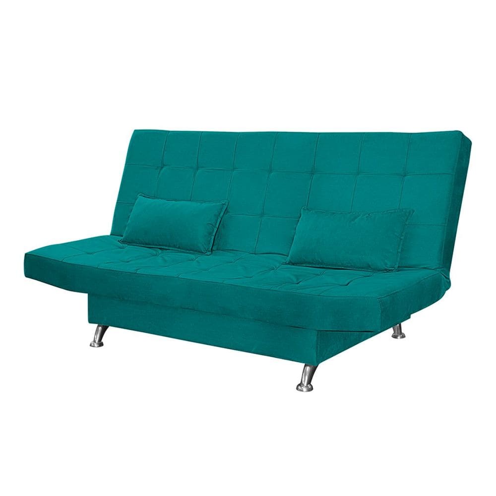 Sofá Cama Casal Com Almofadas Rivera Suede Azul Turquesa