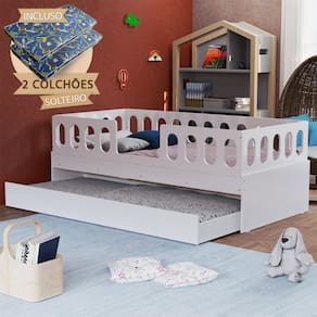 Cama Infantil Lara Solteiro com Cama Auxiliar e 2 Colchões Branco - Baby Mobília