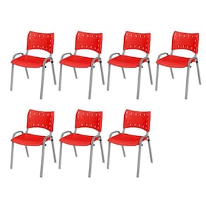 Cadeira Iso Base Cinza, Igreja, Escola, Escritório - Vermelho Kit 7 Peças