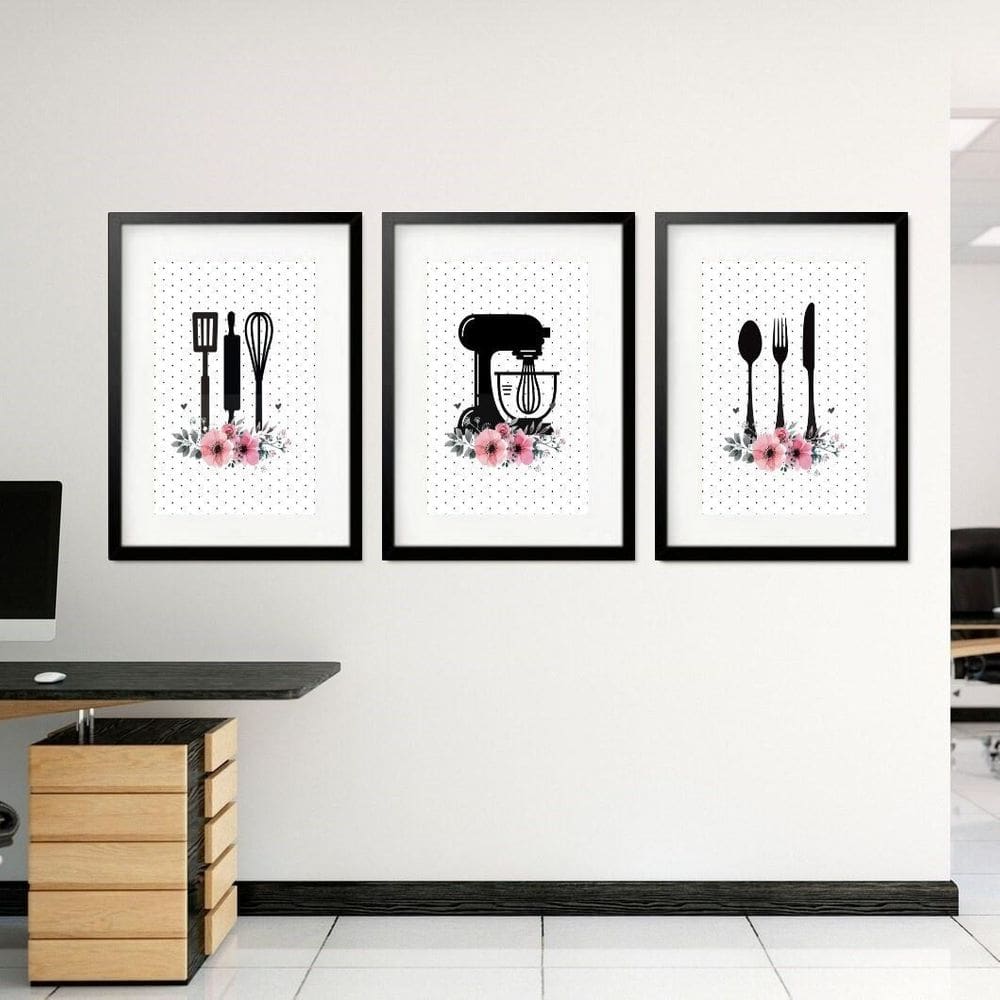 Kit 3 Quadros Grandes Cozinha Flores 60X48Cm