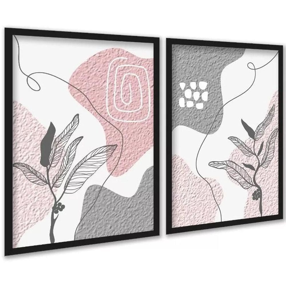 Kit 2 Quadros Bohos Cinza E Rosa Efeito Textura 45X34Cm