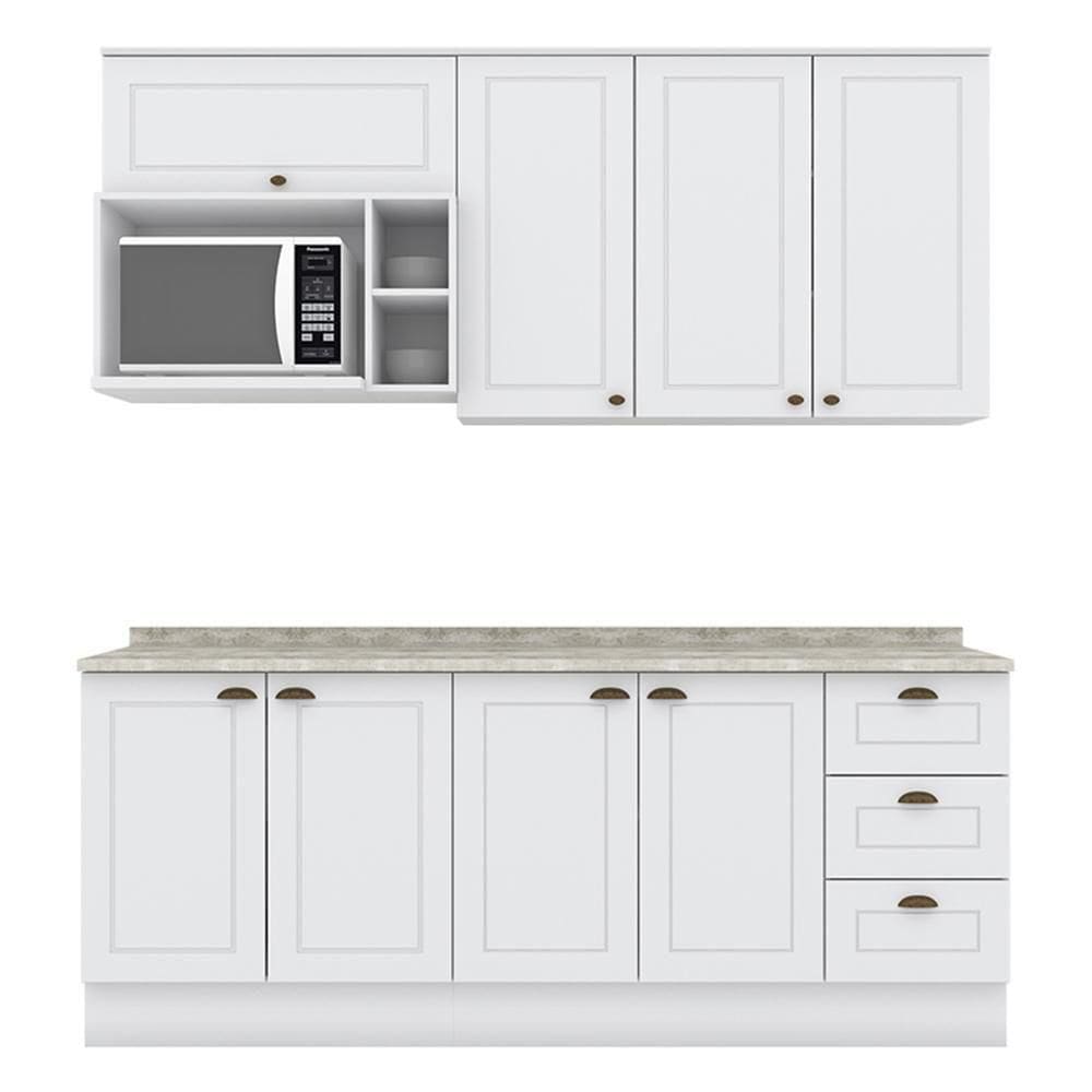 Cozinha Completa Americana 5 Peças Com Aéreo Micro-ondas Branco E Tampo Calcare - Móveis Henn Branco