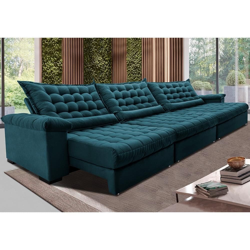 Sofá Retrátil e Reclinável 3,85m Molas Ensacadas Cama inBox Big Space com Bordado 3D Velusoft Petróleo