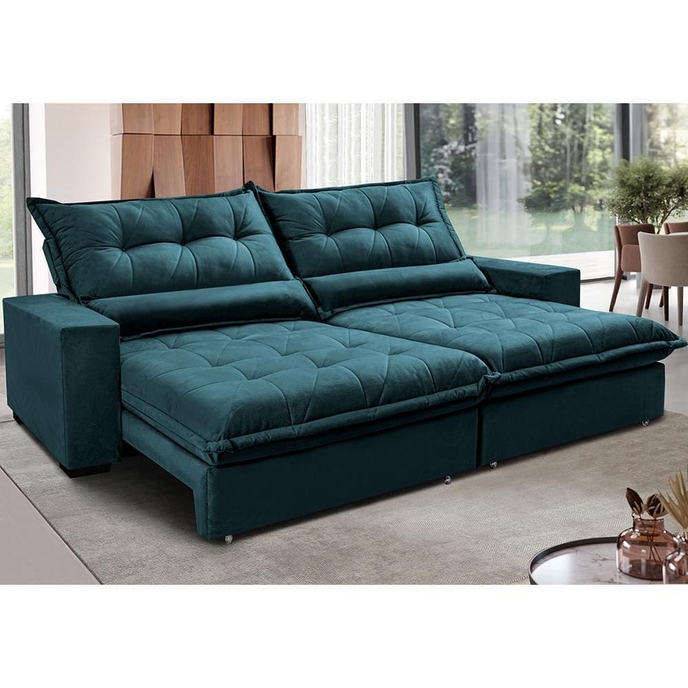 Sofa Retrátil e Reclinável 2,12m com Molas Ensacadas Cama inBox Soft Tecido Velusoft Petróleo