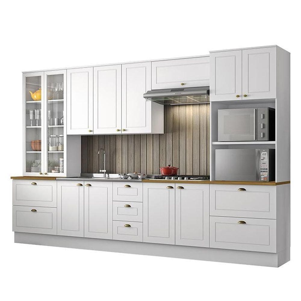 Cozinha Completa 6 Peças Americana Branco Com Torre Quente 2 Fornos Tampo Nature - Móveis Henn Branco