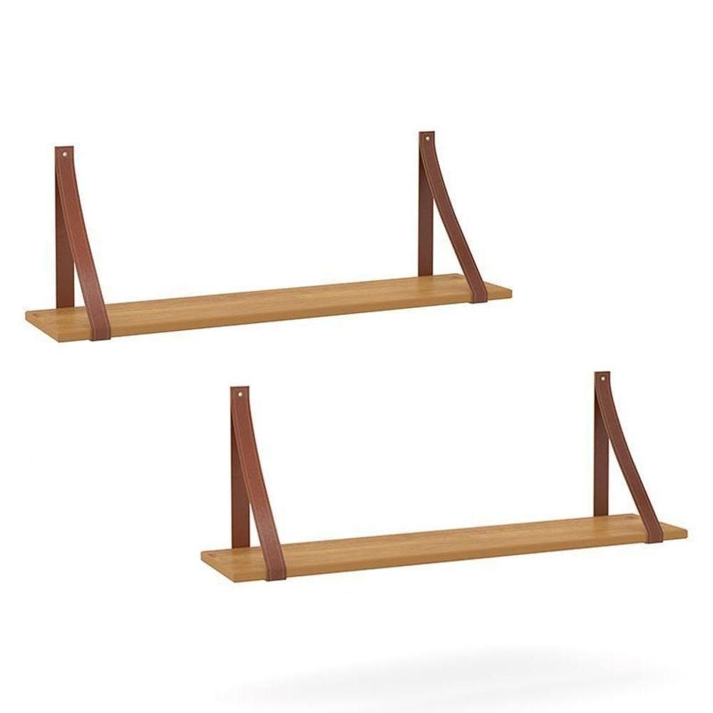 Kit 2 Prateleiras Gold Freijó Com Alças De Couro - Matic Móveis Freijó