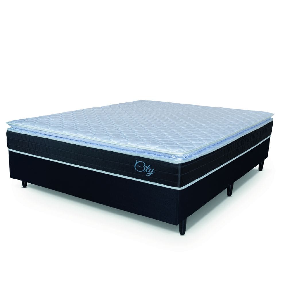 Cama Box Casal Colchão Com Molas Ensacadas City Pillow Top 138x188x61cm Preto/Branco Hellen