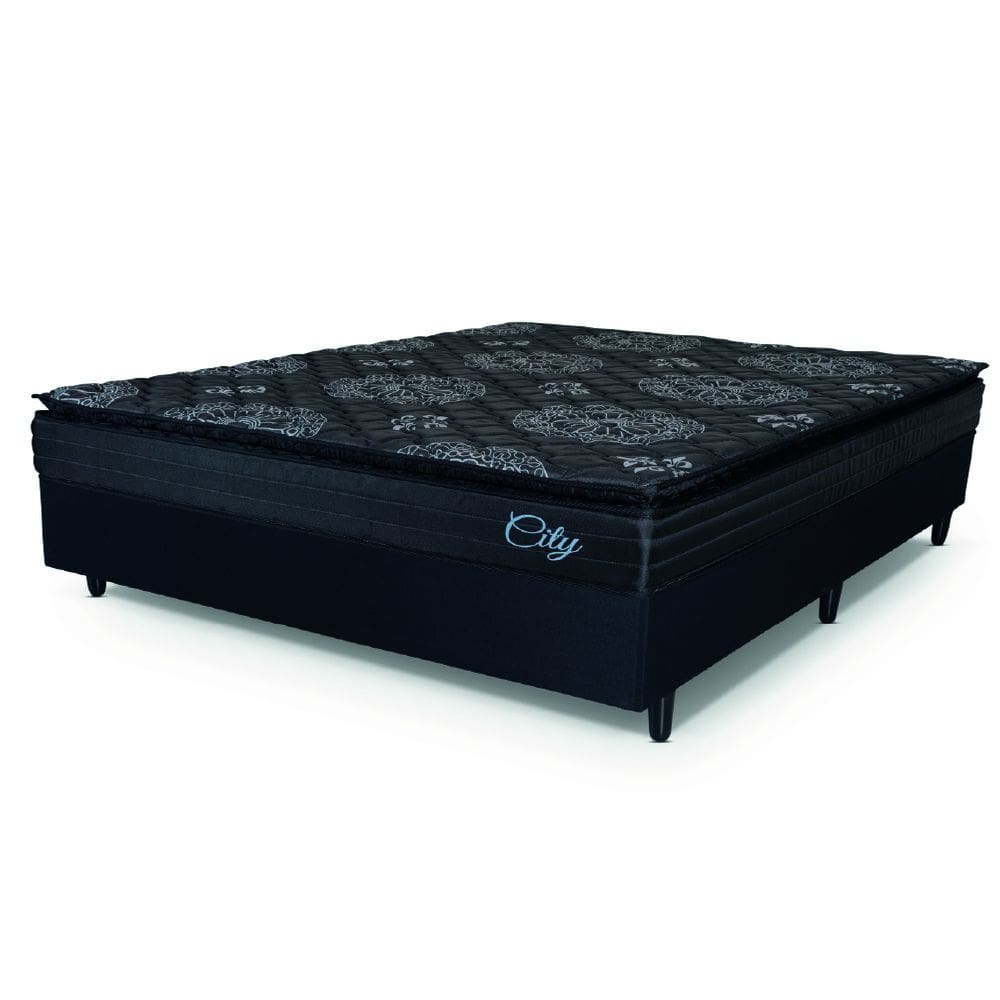 Cama Box Casal King Colchão Com Molas Ensacadas City Pillow Top 193x203x61cm Preto Hellen