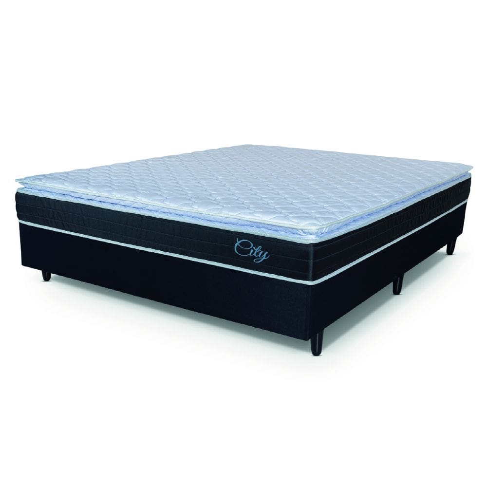 Cama Box Casal King Colchão Com Molas Ensacadas City Pillow Top 193x203x61cm Preto/Branco Hellen