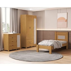 Conjunto Roupeiro/Cômoda/Cama De Solteiro Clara Nature - VJ Móveis
