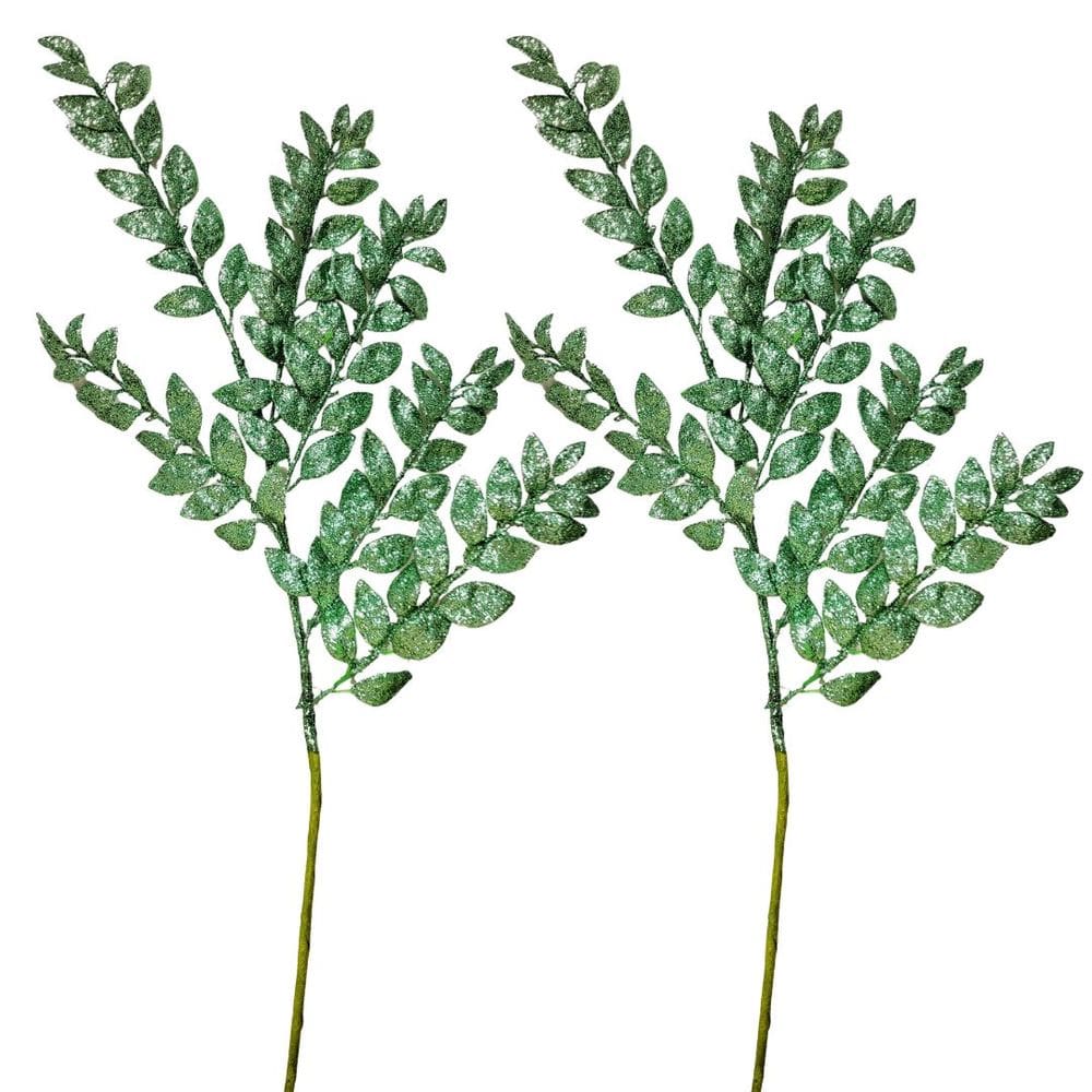 Kit 2 Galhos Haste Folhagem Natalina Decorativa Verde Glitter Brilhante 45cm - Bela Flor