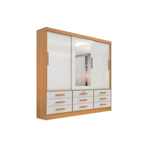 Guarda Roupa Roupeiro Meridian Plus 3 Portas 9 Gavetas Com Espelho Cinamomo Off White - D`Doro