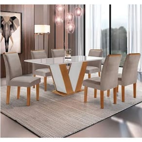 Sala De Jantar Qatar 160x80 Tampo Plus Com Vidro 6 Cadeiras Londres Cel Móveis Cinamomo/off