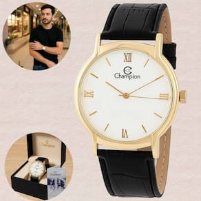 Relógio Champion Masculino Quartz Prova Dágua 50 Metros 5 ATM Pulseira Couro Casual Dourado CN20006B