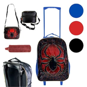 Kit Mochila Infantil Escolar Aranha Com Rodinha 03 Peças