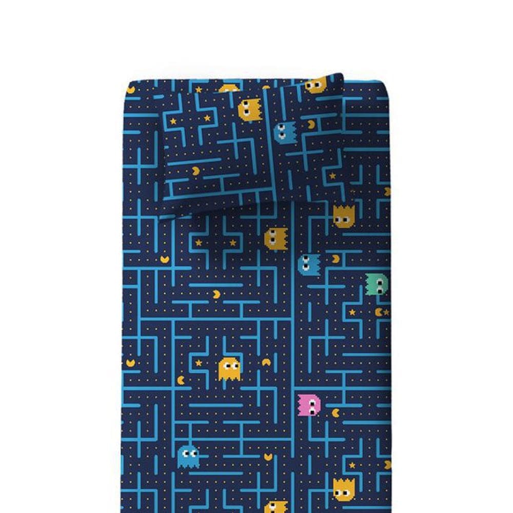 Jogo De Cama Solteiro Infantil Pac Man Azul 2 Peças