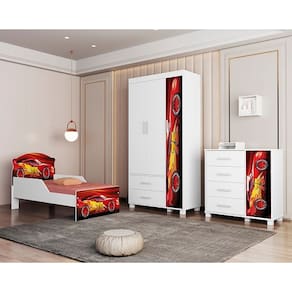 Conjunto Roupeiro/Cômoda/Cama Juvenil Livia Carro Vermelho - VJ Móveis