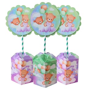 Kit 10 Centro De Mesa Decorativo Ursinhos Lilas e Verde Personalização Chá Revelação 30cm Montagem Facil