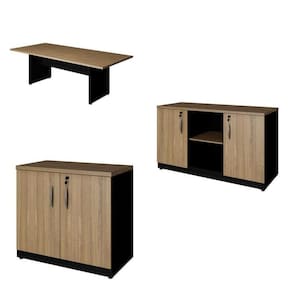 Conjunto Escritório com Mesa de Reunião 6 Lugares e 2 Armários Baixos com Chave Espresso Móveis Macadâmia/Preto