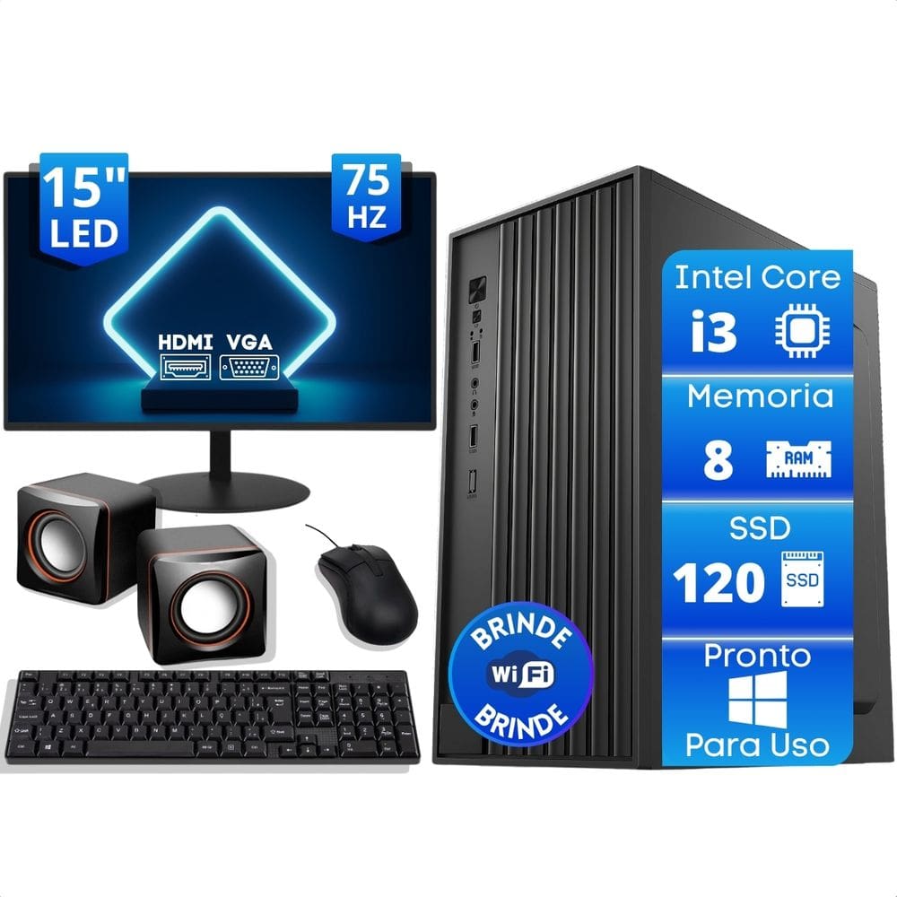 Computador Office Completo Intel Core I3 8Gb SSD 120Gb Monitor 15 Caixa de Som