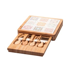 Conjunto 6pçs P/ Queijo Bandeja Bambu Tábua Ladrilho Wolff