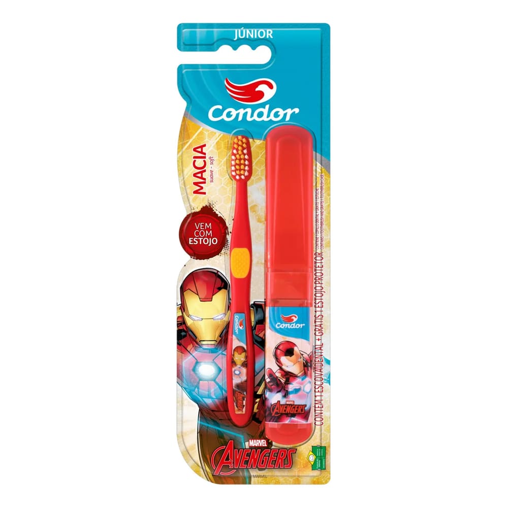 Escova Dental Macia e Suave Avengers Condor Júnior Cabeça P + Estojo Protetor