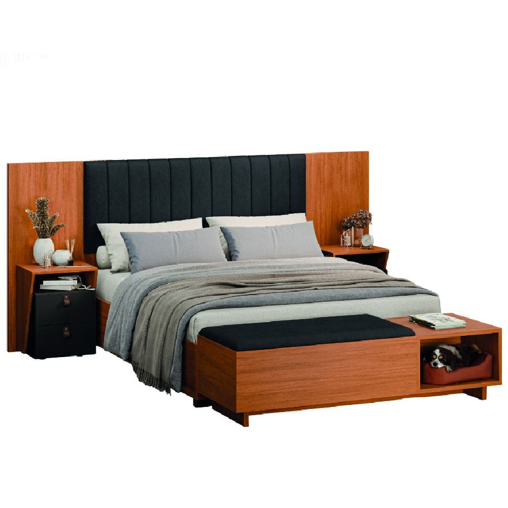 Conjunto de Cabeceira Extensível com Mesa de Cabeceira e Calçadeira Veludo Malaga Madeirado / Preto