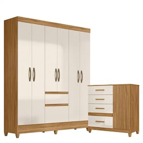 Guarda Roupa Casal New Cuba e Cômoda Venus com Pés Freijó Off White - Moval