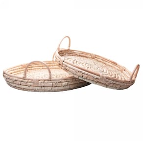 Conjunto 2 Bandejas Redondas Decorativas de Fibra Natural e Alça em Rattan Braid Lyor