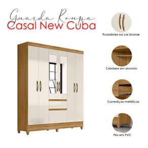 Guarda Roupa Casal New Cuba com espelho e Cômoda Venus com Pés Freijó Off White - Moval