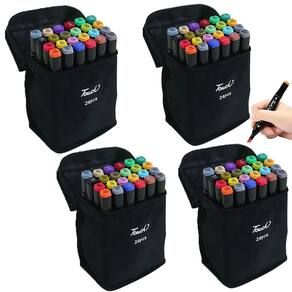 Canetinhas Caneta 24 Cores Ponta Dupla Estojo Kit 4 Uni Bolsa Alça Desenho Pintura