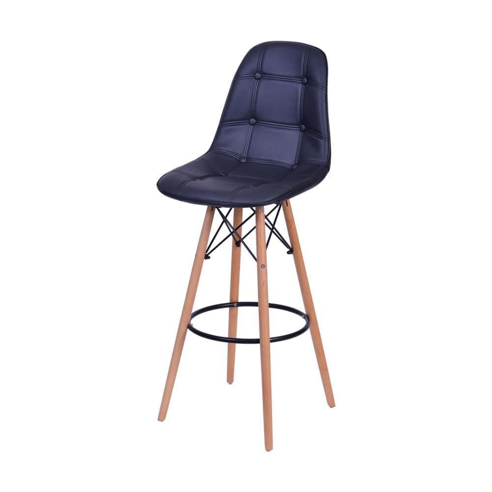 Banqueta Botonê DSW em PU Preto com Base Madeira