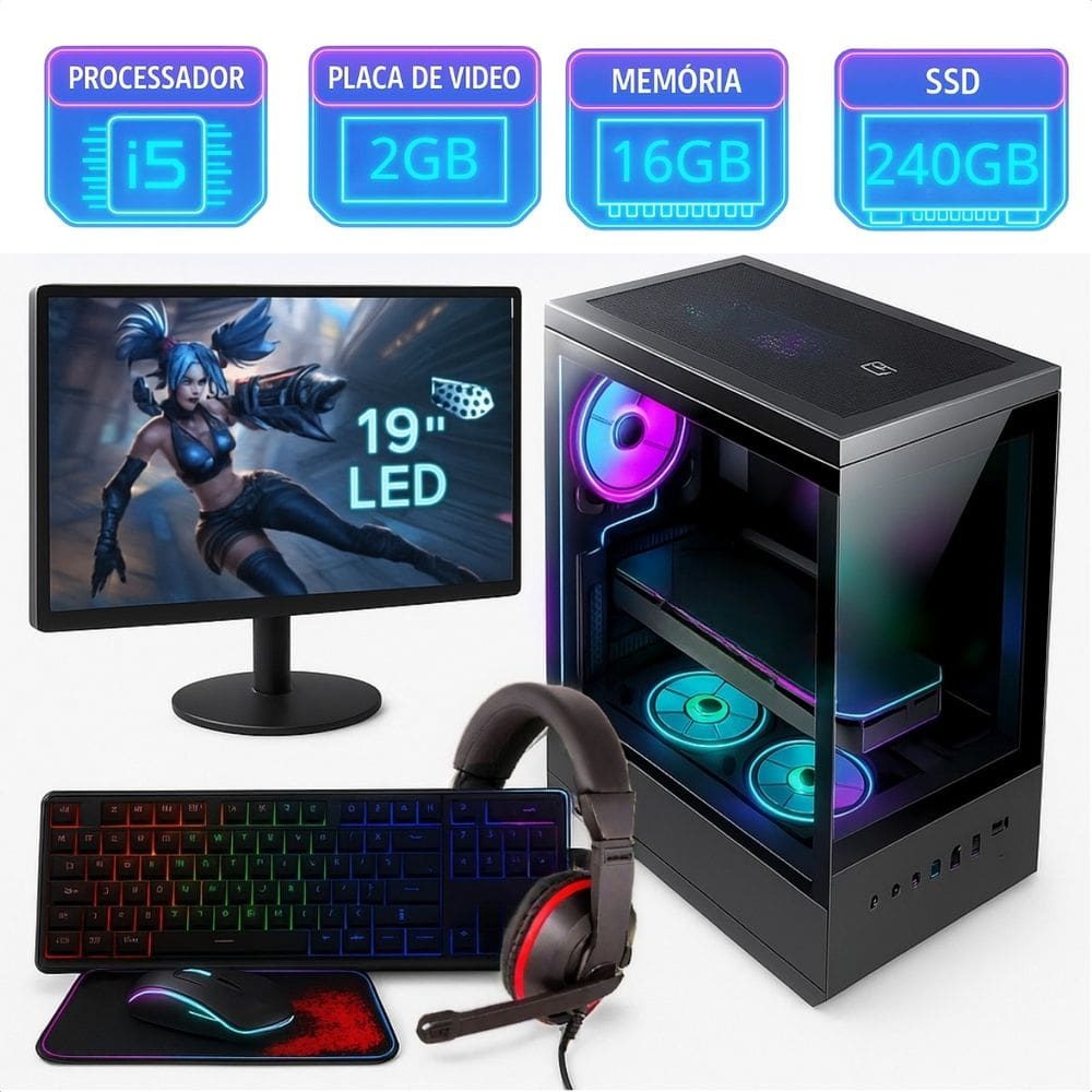 Pc Gamer Completo Intel I5 16Gb SSD 240Gb Placa de Video 2Gb Aquario Monitor 19