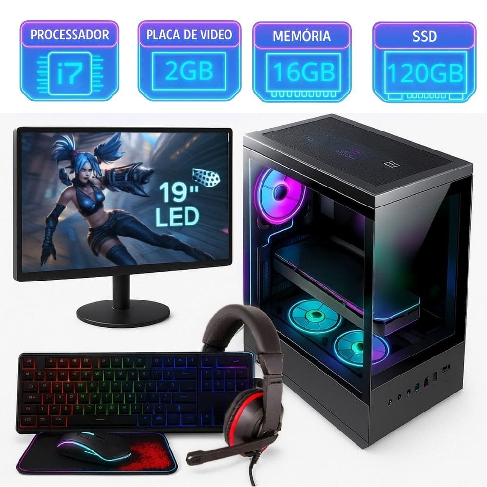 Pc Gamer Completo Intel I7 16Gb SSD 480Gb Placa de Video 2Gb Aquario Monitor 19