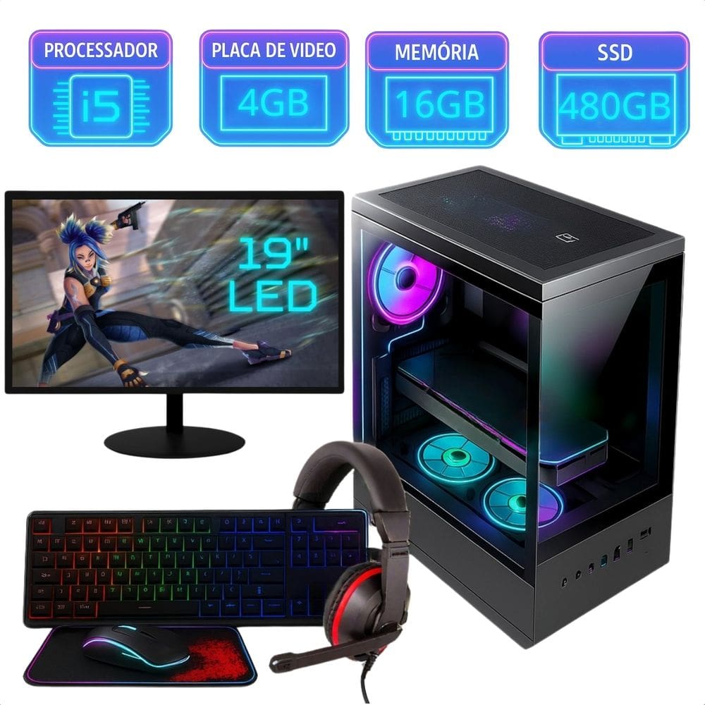 Pc Gamer Completo Intel I5 16Gb SSD 480Gb Placa de Video 4Gb Aquario Monitor 19