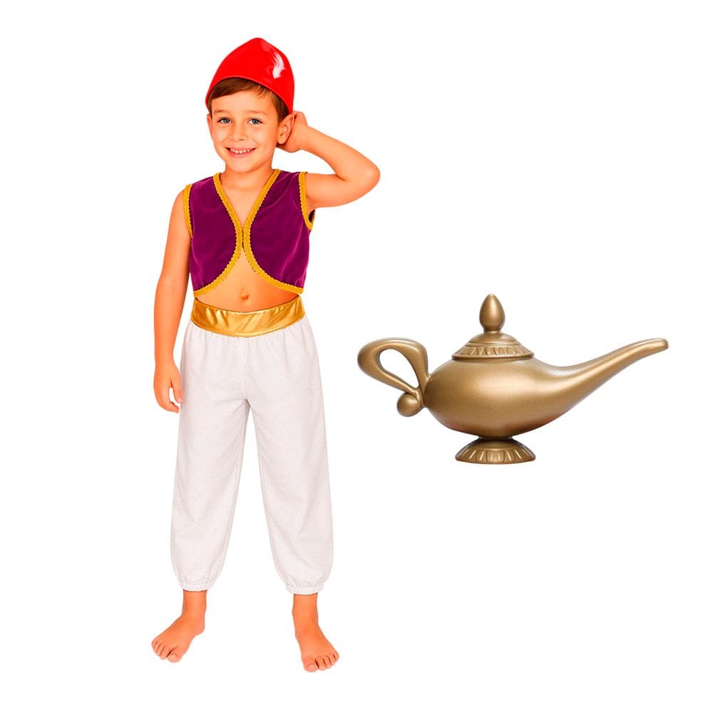 Fantasia Alladin Luxo Infantil Completo com Lâmpada Príncipe Sheik Festa Árabe Aniversário Carnaval Dia das Crianças
