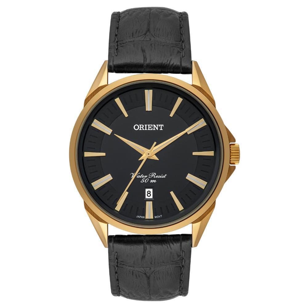 Relógio Masculino Dourado Orient Data Pulseira Couro Preto