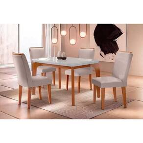 Sala de Jantar Completa Londrina c/ Tampo Madeirado c/ Vidro 120x80cm e 4 Cadeiras Lunara Capuccino/Suede Creme - Rufato