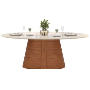 Mesa de Sala Jantar Ryze c/ Tampo Madeirado c/ Vidro Oval 218x108cm Freijo/Off White - DJ Móveis