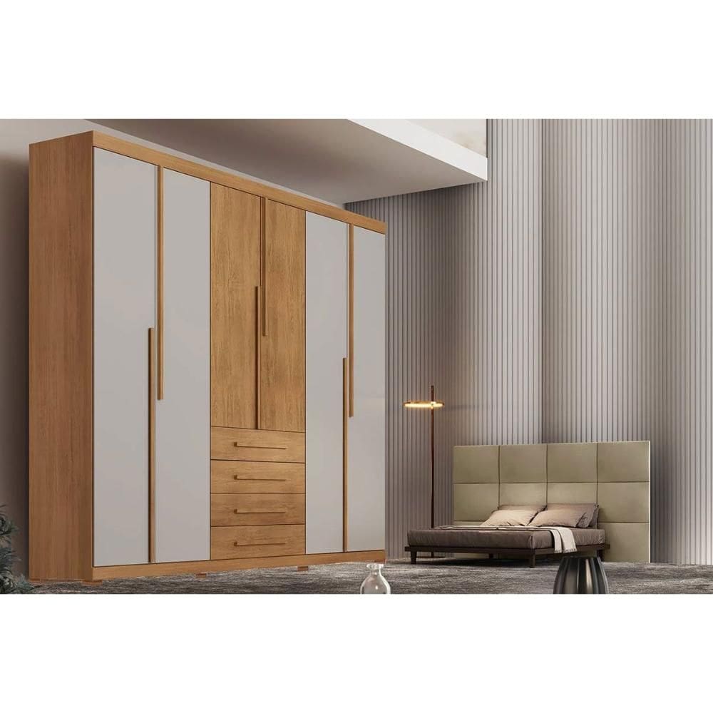 Guarda Roupa Casal 6 Portas e 4 Gavetas c/ Pés Capri Naturale/Off White - Rufato