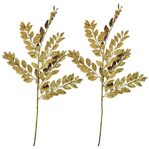 Kit 2 Galhos Haste Folhagem Natalina Decorativa Dourado Glitter Brilhante 45cm - Bela Flor