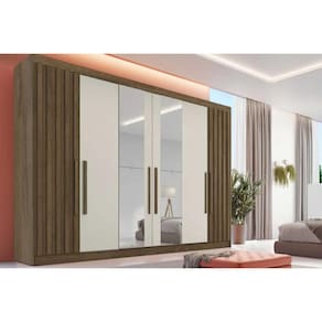 Guarda Roupa 6 Portas (2 Ripadas e 2 c/ Espelho) e 6 Gavetas Potente Braúna/Off White - Europa